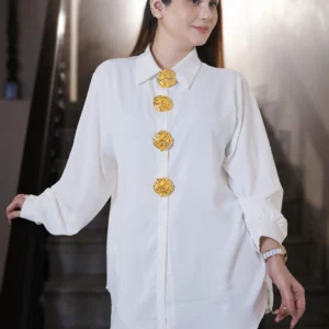 Imported white silk loose-fit ladies shirt with golden metal buttons, 30 inches long, free size fits up to body size 50