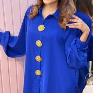 "Royal blue silk loose-fit ladies shirt with golden metal buttons, round neck, 30 inches long, free size fits up to body size 50