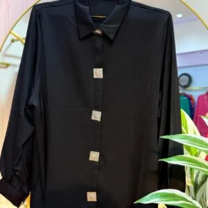Black silk loose-fit ladies shirt with square liver-colored metal buttons, round neck, 30 inches long, free size fits up to body size 50