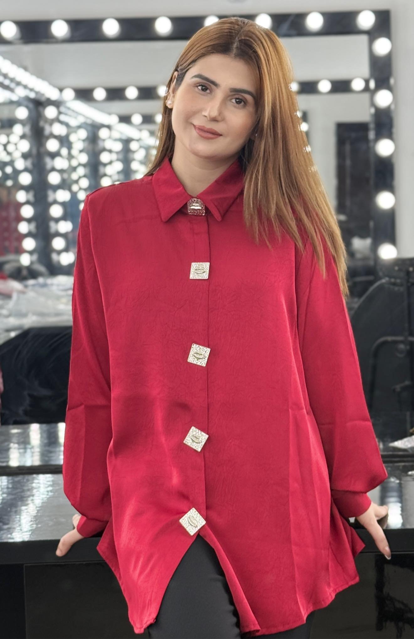 Maroon silk loose-fit ladies shirt with square liver-colored metal buttons, round neck, 30 inches long, free size fits up to body size 50