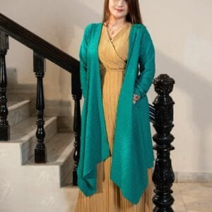 Green ribbed stretchable cotton shrug for women, semi-long A-line full-open front, back 37” front 47”, fits body sizes 38–48