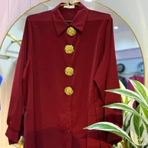 Maroon silk loose-fit ladies shirt with golden metal buttons, round neck, 30 inches long, free size fits up to body size 50