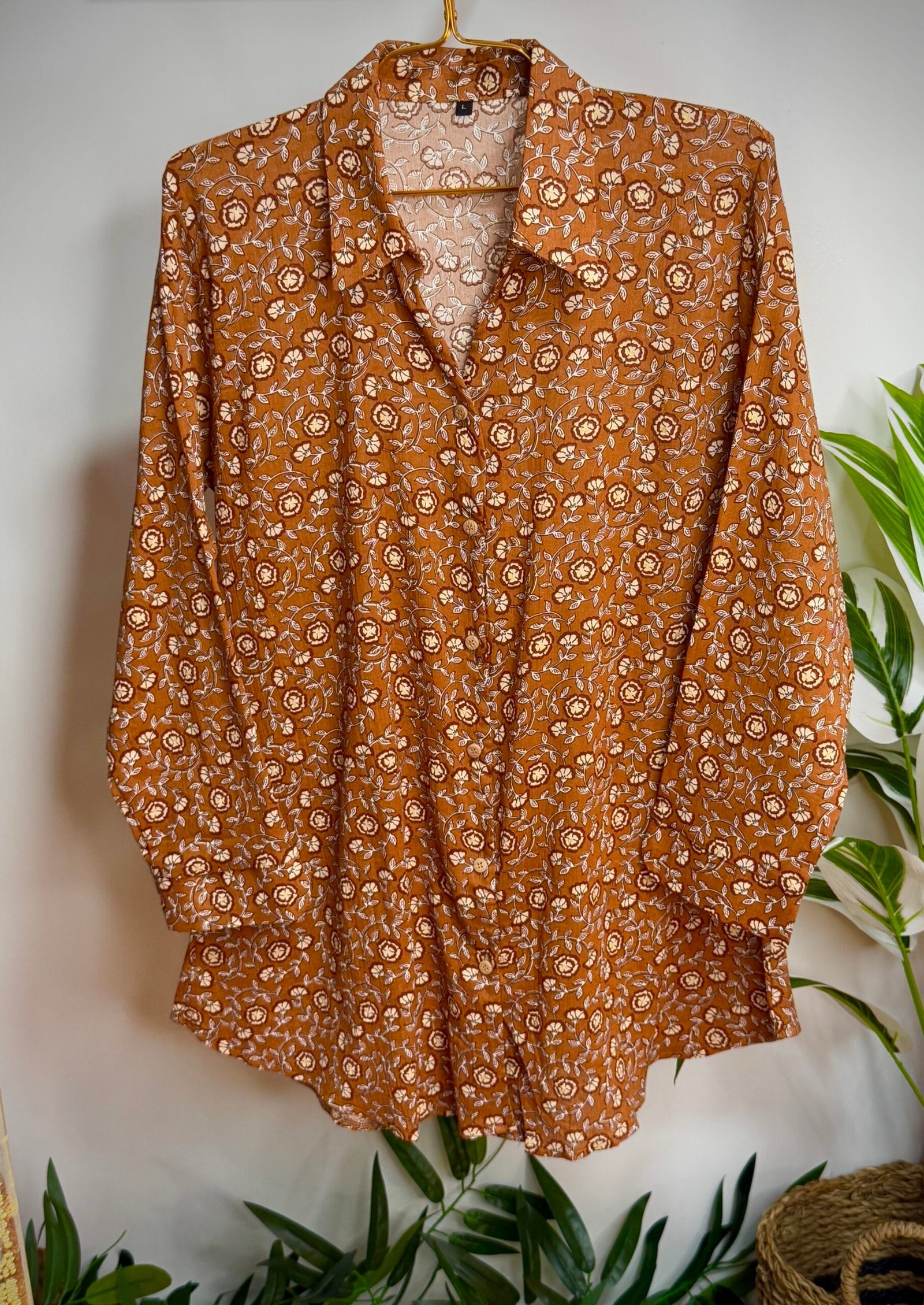 Mustard yellow long V-neck ladies shirt, 32 inches in length, available in body sizes 42 and 48