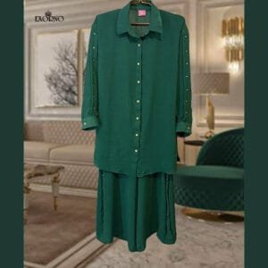 Model wearing Bottle green co-ord set with drop shoulder shirt and high-waisted wide-leg pants