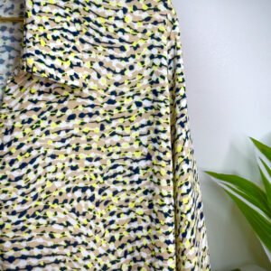 Yellow and beige printed V-neck ladies shirt, 32 inches long, available in body sizes 42 and 48