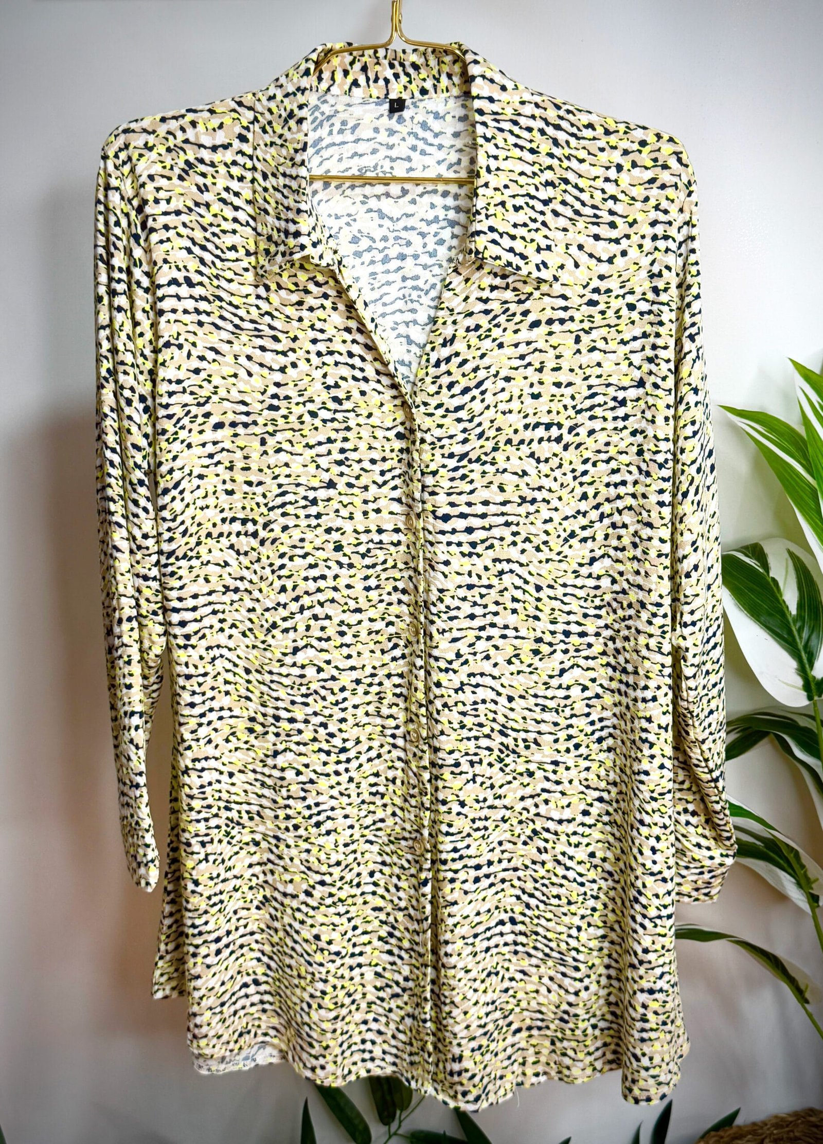 Yellow and beige printed V-neck ladies shirt, 32 inches long, available in body sizes 42 and 48