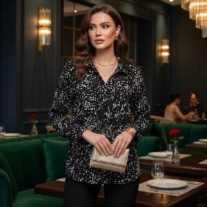 Monochrome Speckle Longline V neck Shirt