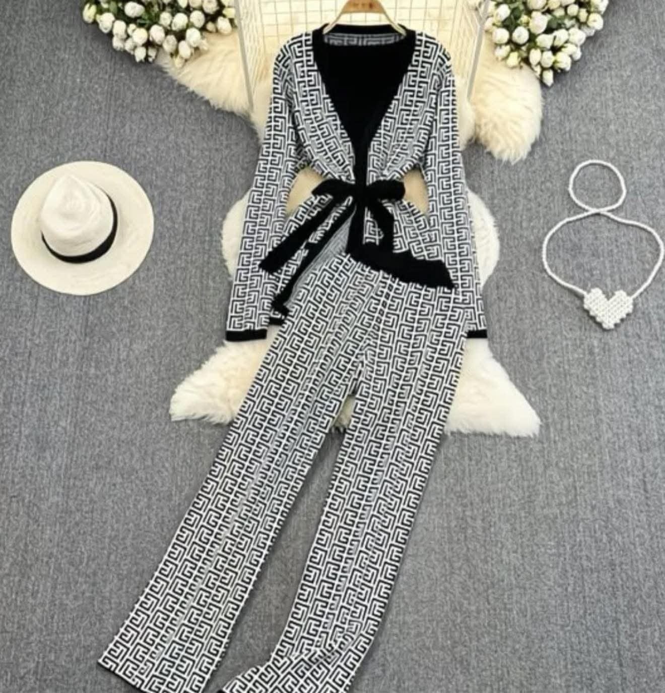 Midnight Muse Patterned Two-Piece Knit Set with Waist Tie - Image 4