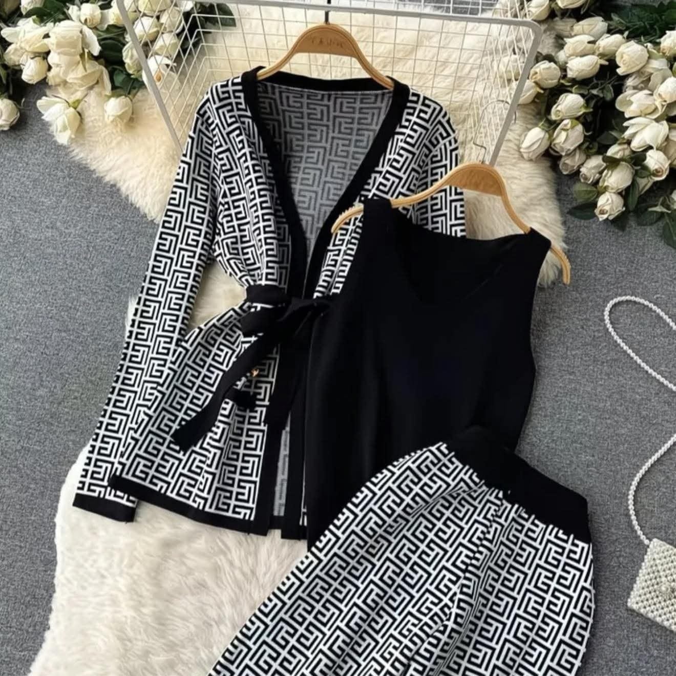 Midnight Muse Patterned Two-Piece Knit Set with Waist Tie - Image 3
