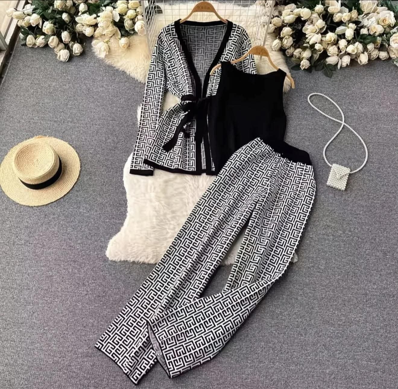 Midnight Muse Patterned Two-Piece Knit Set with Waist Tie