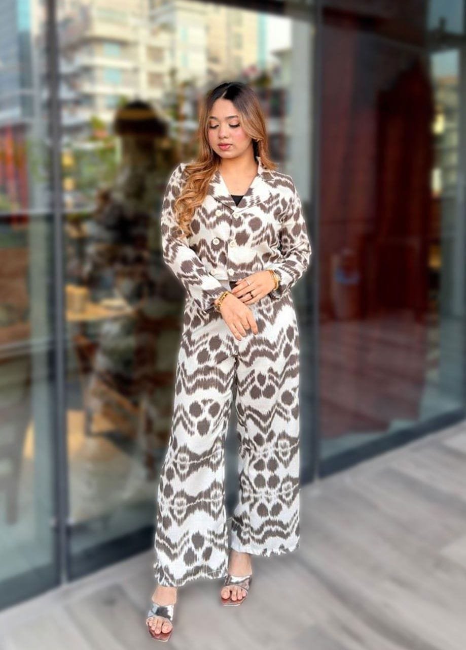 Mocha Ikat Print Notch-Collar Co-ord Set - Image 3