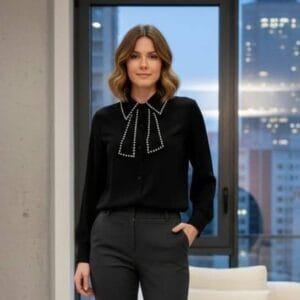 Women’s Rhinestone "Bow" Collar Long Sleeve– Black