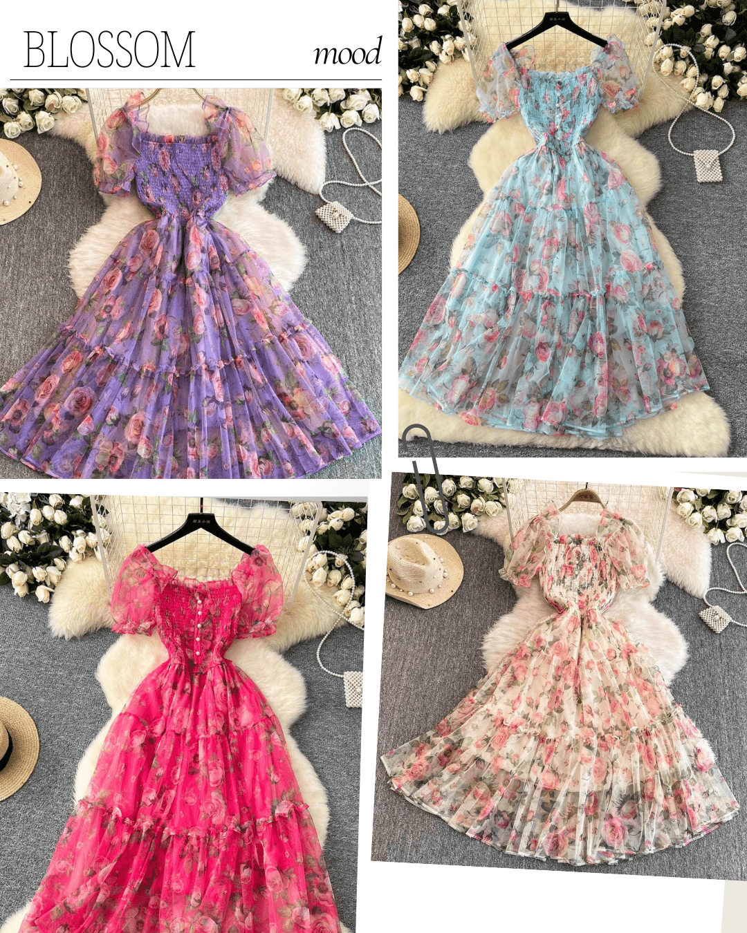 Floral Organza Puff-Sleeve Midi Dress