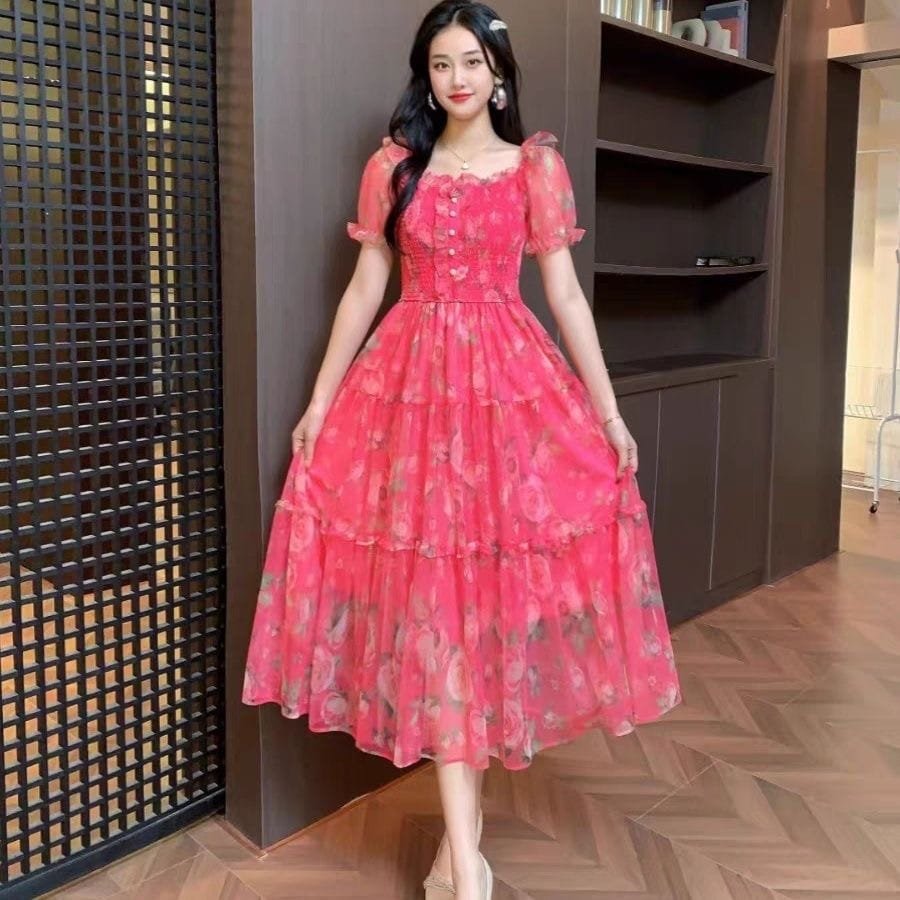 Floral Organza Puff-Sleeve Midi Dress - Image 6