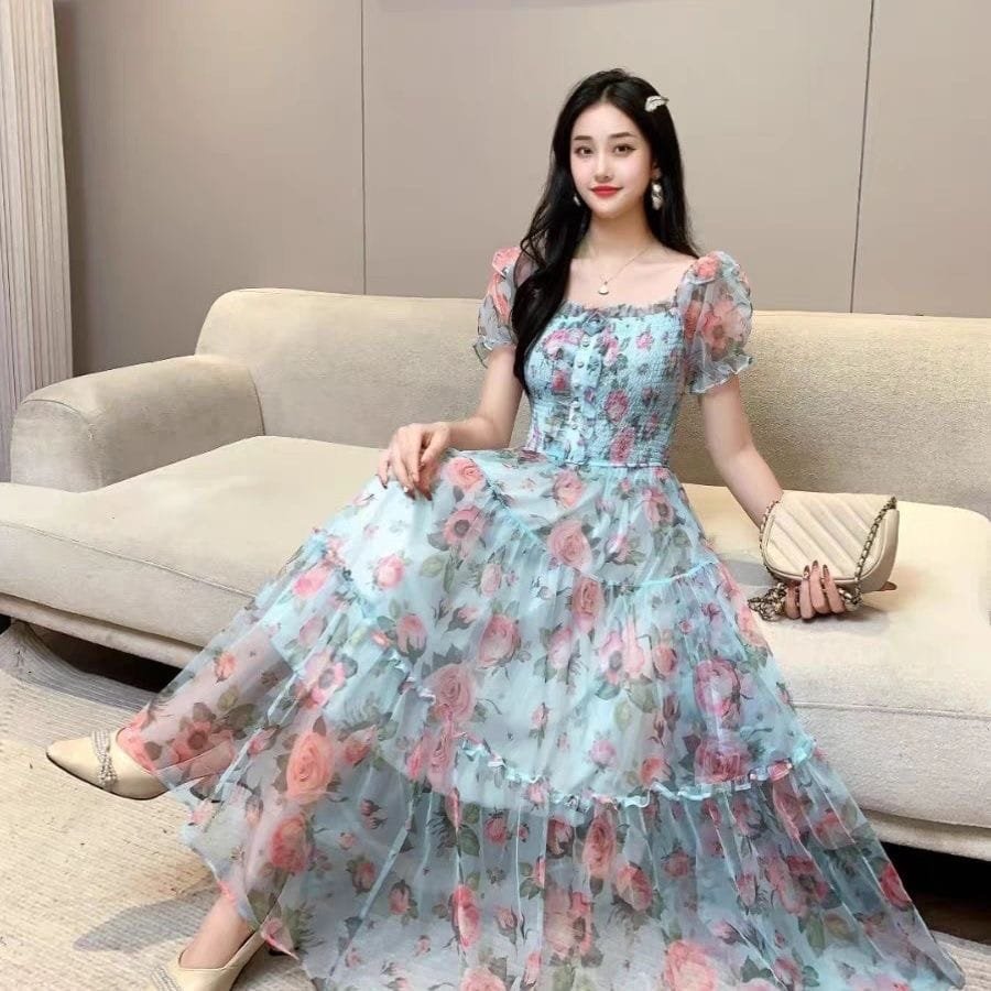 Floral Organza Puff-Sleeve Midi Dress - Image 2