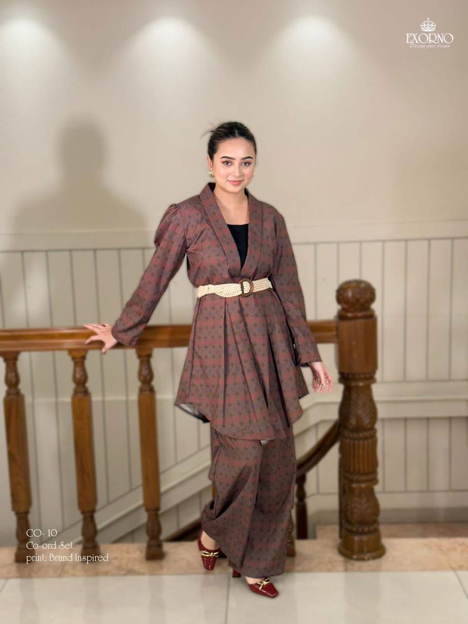 Exorno Monogram Print Tunic & Wide-Leg Trouser Co-ord Set – Cocoa Brown
