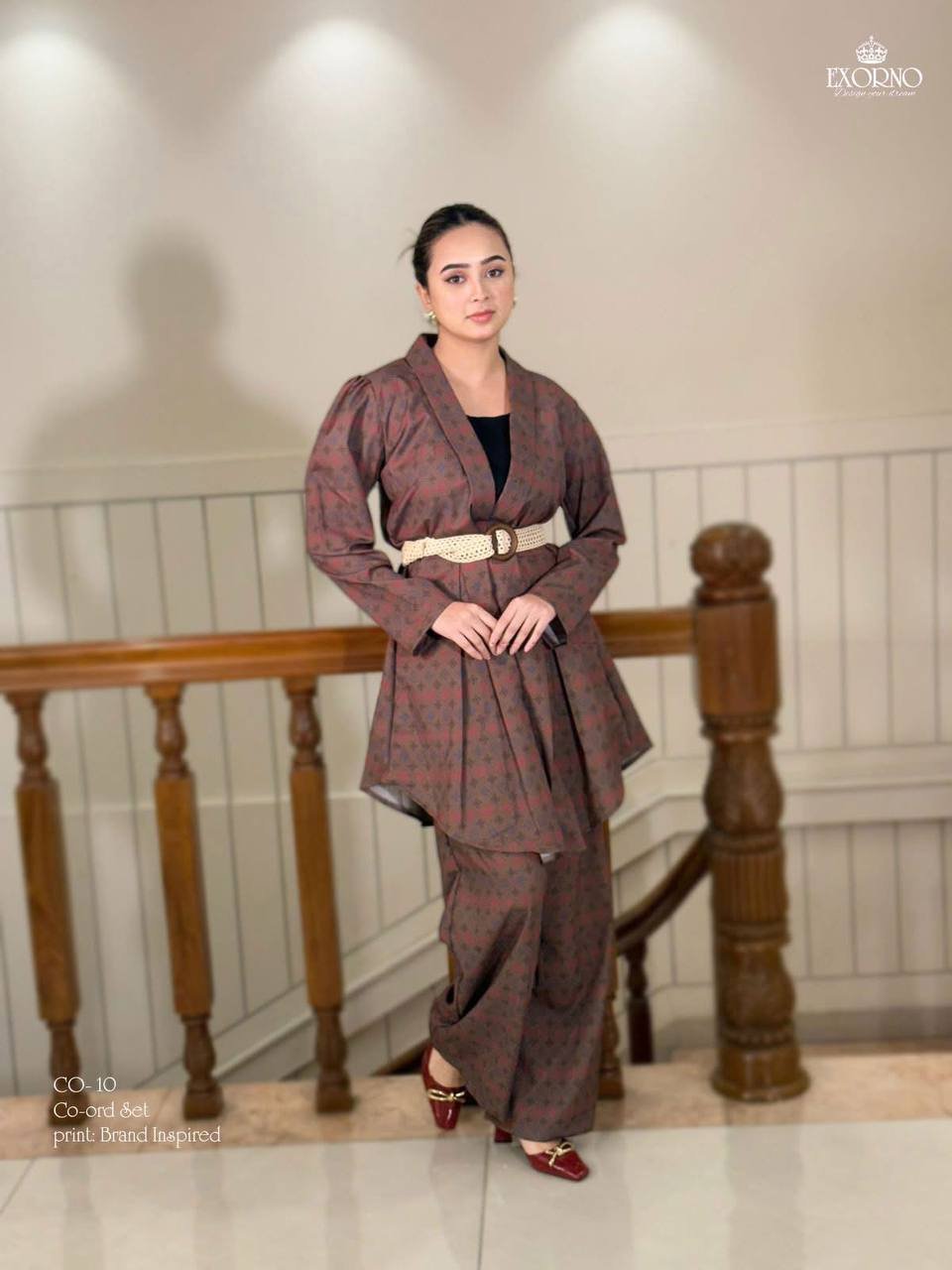 Exorno Monogram Print Tunic & Wide-Leg Trouser Co-ord Set – Cocoa Brown - Image 2