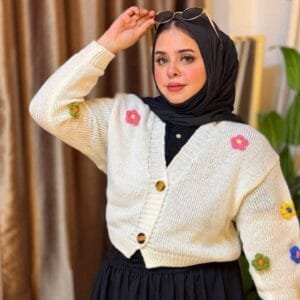 Floral Bloom Chunky Knit Cardigan – White with 3D Crochet Flowers