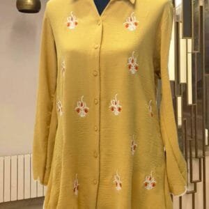 Embroidered Scallop-Hem Button-Down Shirt in Mustard