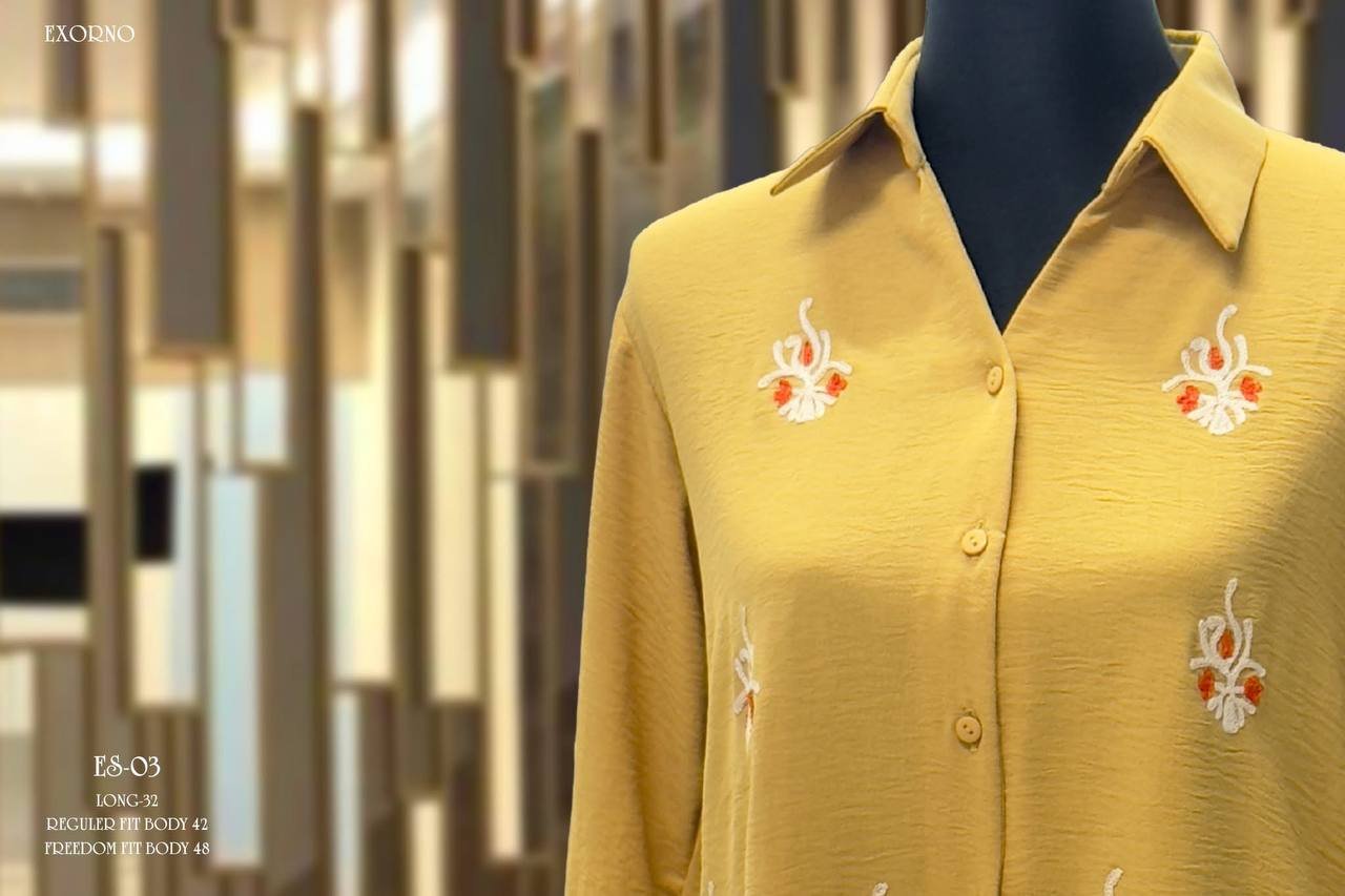 Embroidered Scallop-Hem Button-Down Shirt in Mustard - Image 2