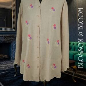 Floral Embroidered Linen-Look Tunic in Beige