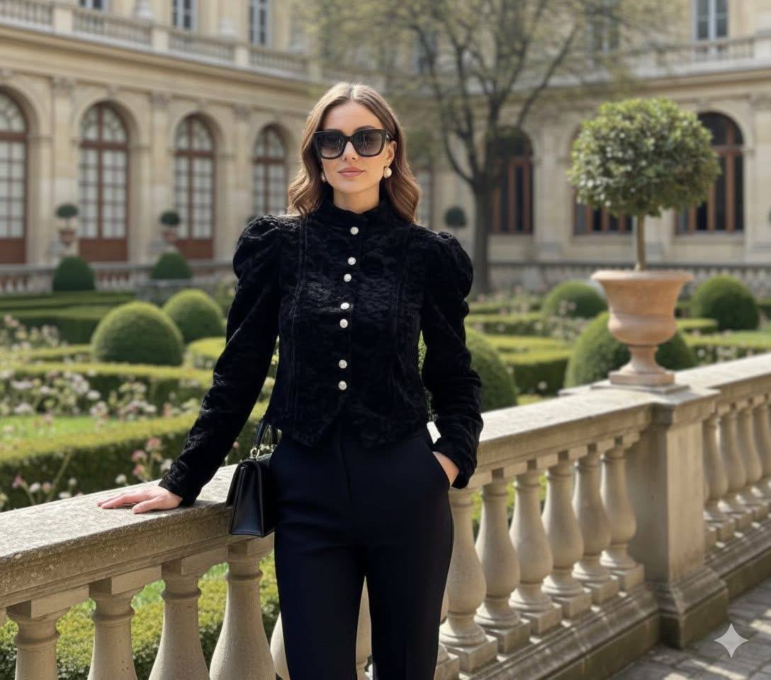 Midnight Lace Victorian-Style Puff Sleeve Crop Top – Noir Black