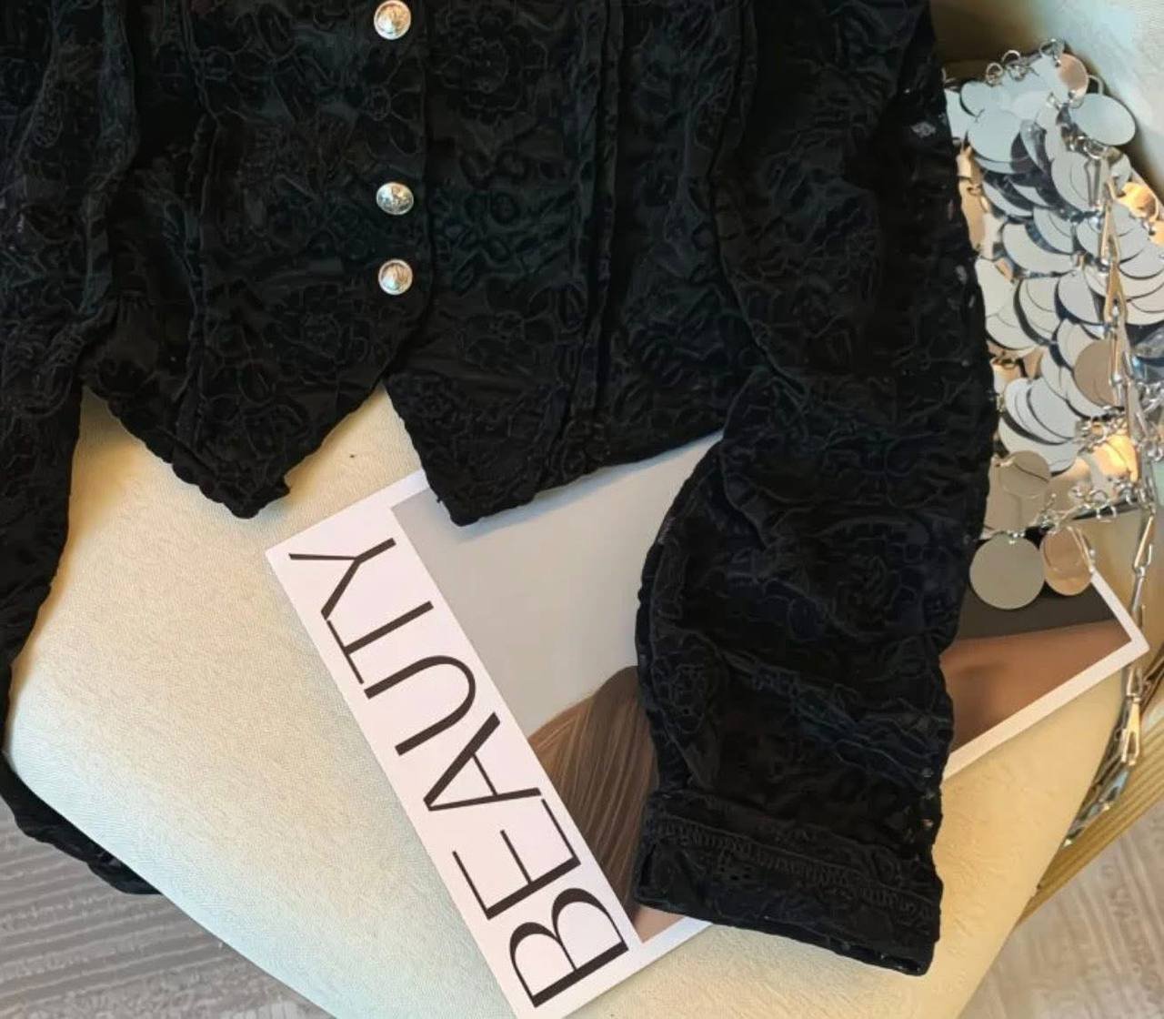 Midnight Lace Victorian-Style Puff Sleeve Crop Top – Noir Black - Image 3