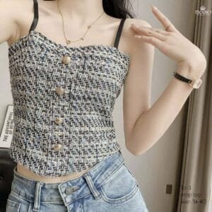 Classic Tweed Button-Down Cami Crop Top – Textured Heritage Style