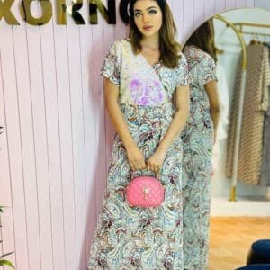 Ethereal Paisley Print Maxi Gown – Short Sleeve V-Neck Resort Dress