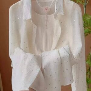 Ethereal Pearl White Sheer Topper – Sparkle Textured Button-Down Shirt
