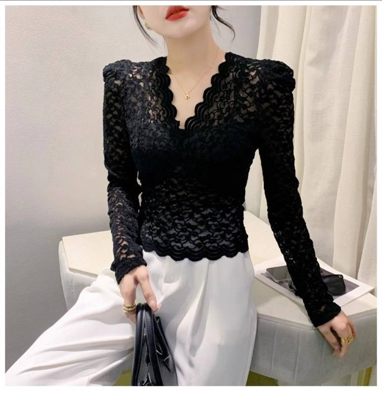 Elegant Black Floral Lace V-Neck Top with Scalloped Trim - Image 2