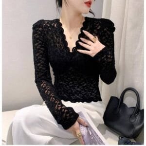 Elegant Black Floral Lace V-Neck Top with Scalloped Trim