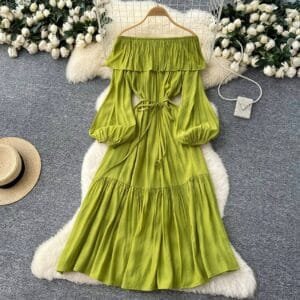 Olive Green Lantern Sleeve Tiered Gown