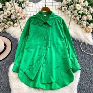 Emerald Green Oversized Button-Down Shirt with Bead Embellishments