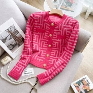 Fuchsia Pink Maze-Pattern Cardigan - Luxury Knitwear